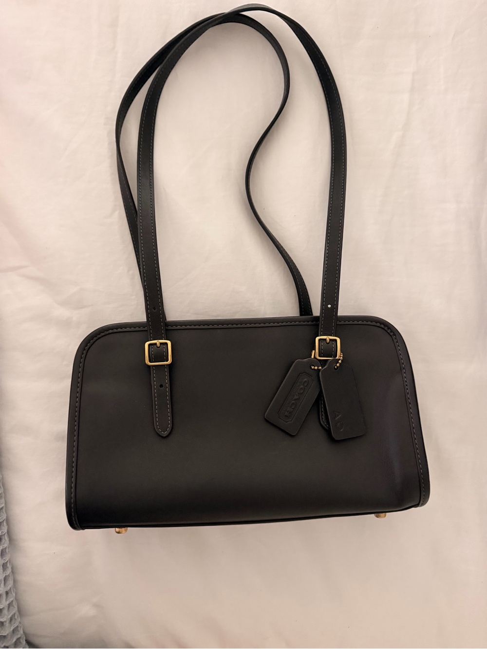 Coach Black Swing Zip Leather Shoulder Bag with Gold Hardware and Double Tags